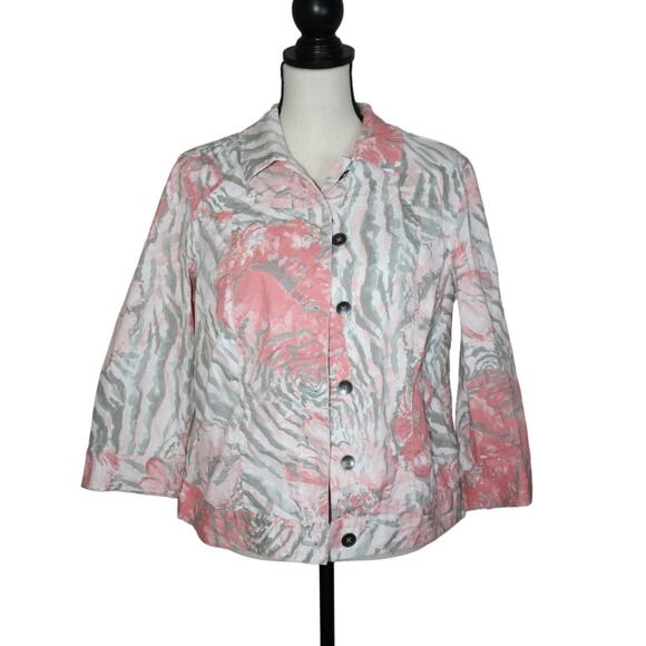 Chico's Women's Jacket Size 1 Cotton Coral Gray Button Up Blazer Casual Comfy - Picture 7 of 7